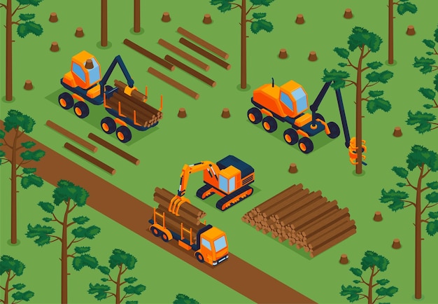 Free Vector isometric sawmill concept with woodsorking machinery in forest vector illustration