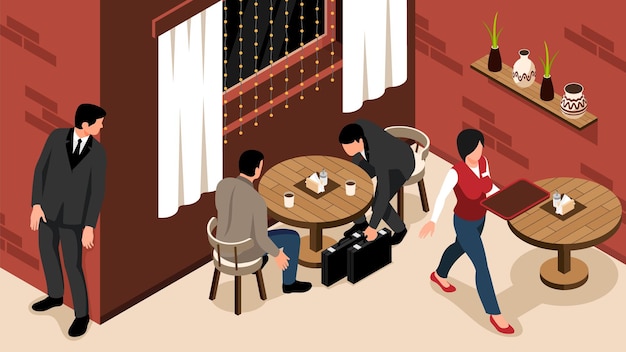 Free Vector isometric secret agent composition with spy having confidential meeting in cafe vector illustration