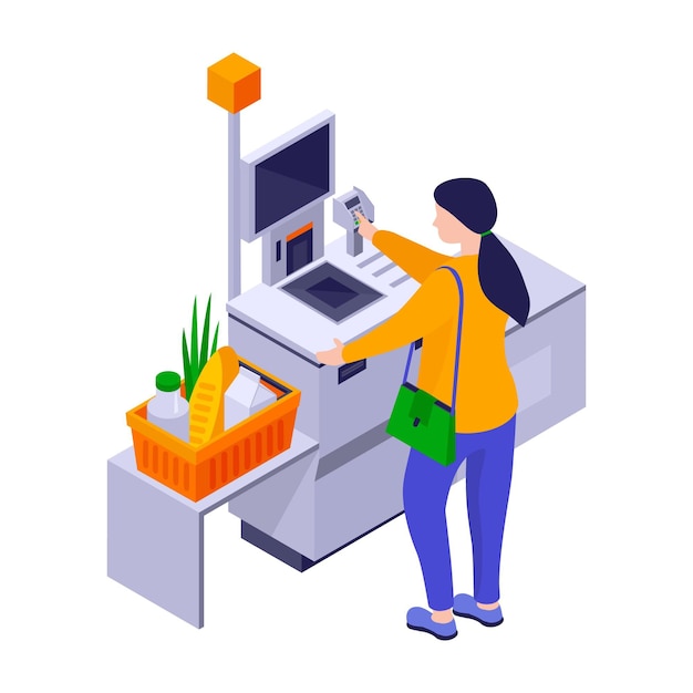 Free vector isometric self-service cashier