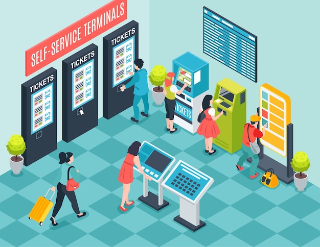 Free vector isometric self service composition with indoor view of mall booth with atms and touchscreen ticketing machines vector illustration