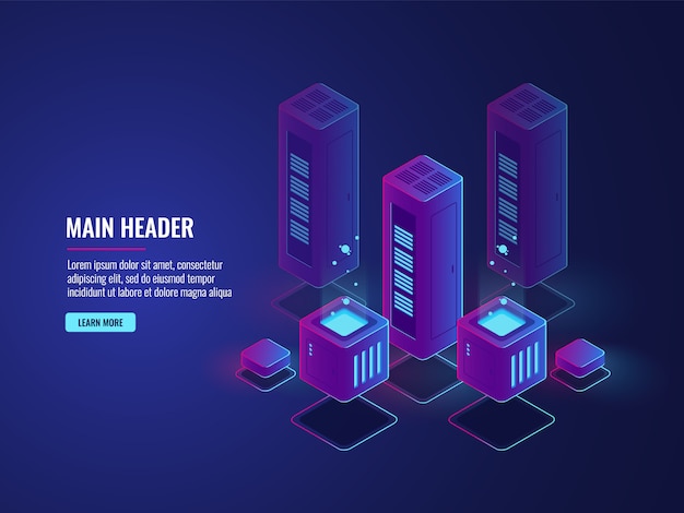 Free vector isometric server room, web hosting services conceptual banner, data encryption and protection center