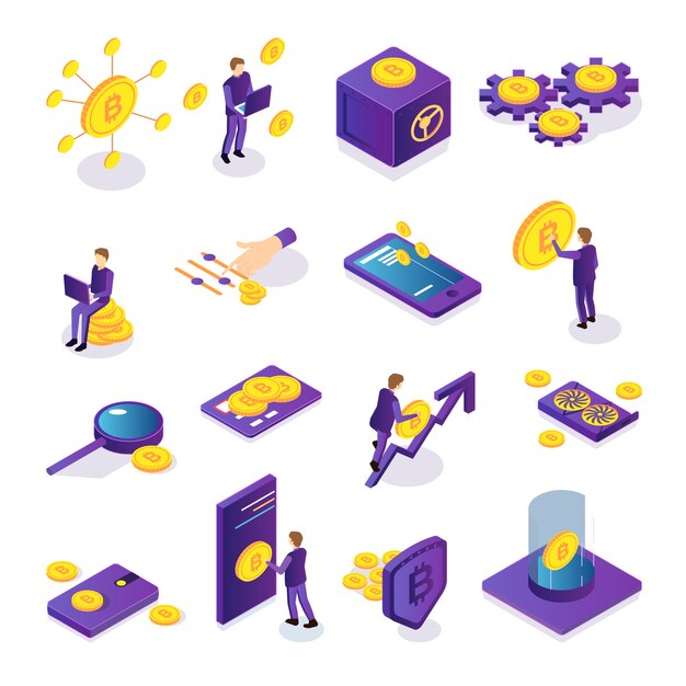 Isometric set of colorful cryptocurrency icons with people safe bitcoins card and electronic devices isolated