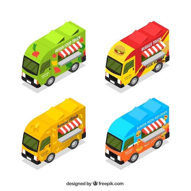 Isometric set of food trucks