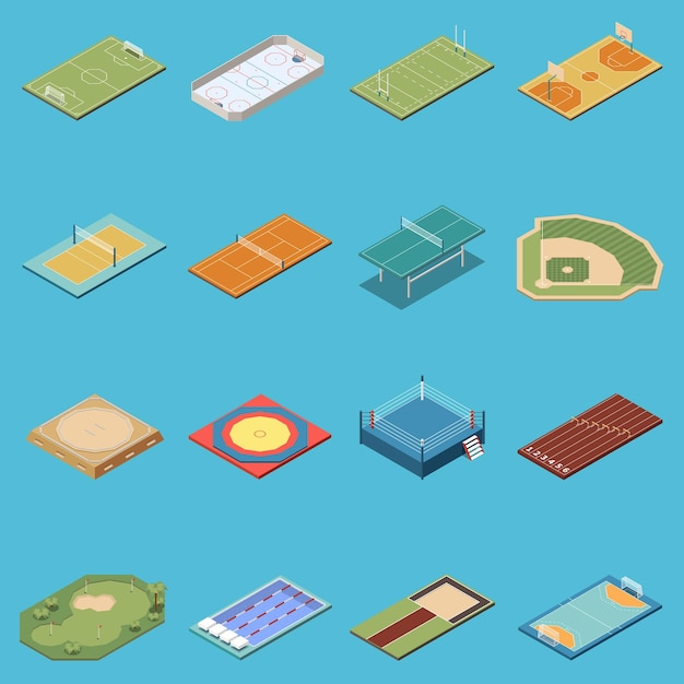 Free Vector isometric set of icons with various sport fields lanes courts rings isolated on blue background 3d vector illustration