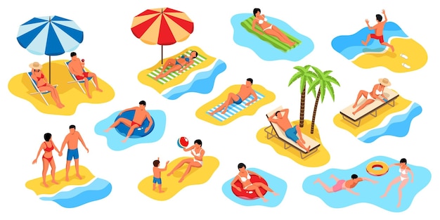 Isometric set of people relaxing on tropical beach playing with child and swimming isolated vector illustration