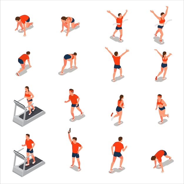 Free Vector isometric set of people running jogging on treadmill taking part in marathon isolated vector illustration