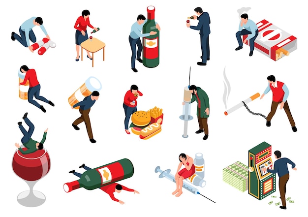 Free vector isometric set of people with various addictions isolated vector illustration