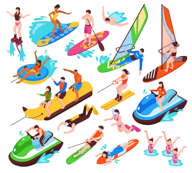 Free vector isometric set of summer water active recreation so as banana boat surfing windsurfing jet skiing flyboarding isolated