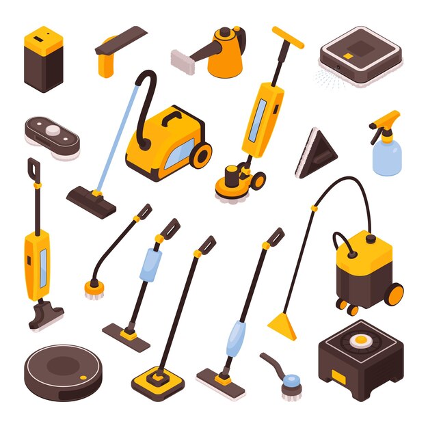 Isometric set of various cleaning gadgets with mops and robotic vacuum cleaners isolated on white background 3d vector illustration