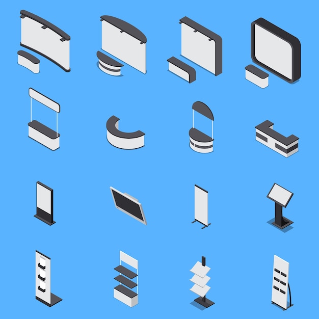 Isometric set of various exhibition stands and shelves isolated on blue background 3d 