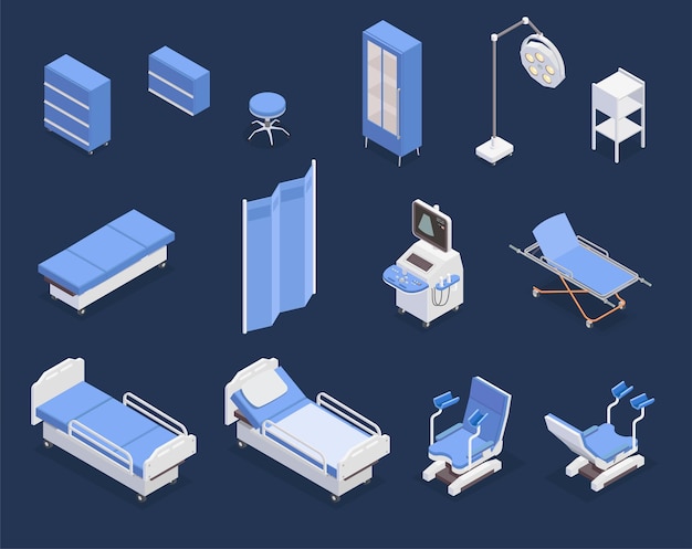 Isometric set of various medical equipment icons with hospital bed gynecological examination chair ultrasonography apparatus isolated on blue background 3d vector illustration