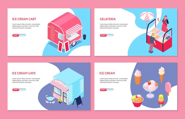 Isometric set of web banners with ice cream cart cafe vendor