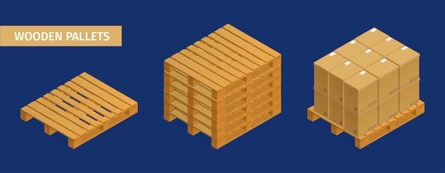 Free Vector isometric set of wooden pallets and cardboard cargo boxes on blue background isolated vector illustration