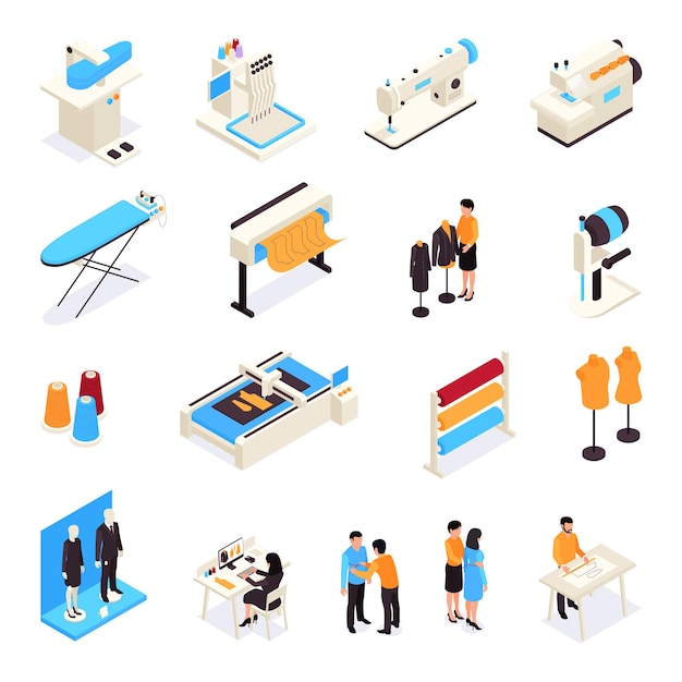 Free vector isometric sewing factory set with isolated icons of factory appliances and human characters of fashion designers vector illustration