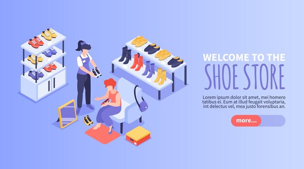 Isometric shoe store horizontal web banner with female characters of shop assistant and customer trying on footwear 3d vector illustration