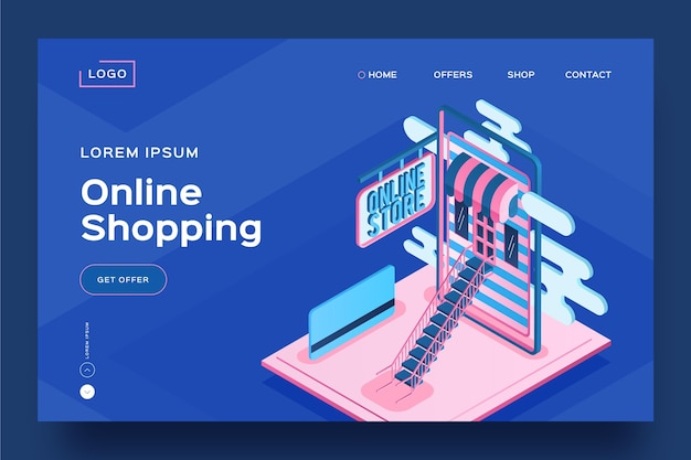 Isometric shopping online landing page template