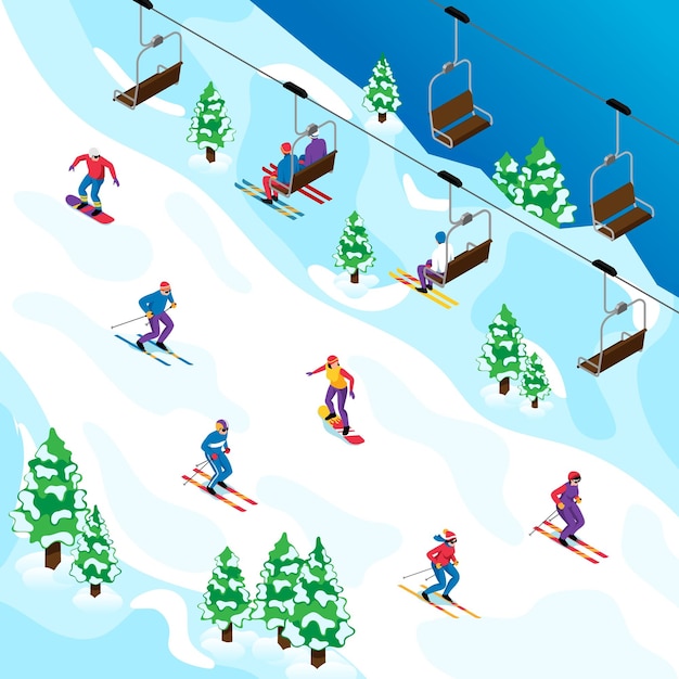 Free vector isometric ski resort concept with sportsmen on the mountain vector illustration