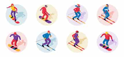 Free vector isometric ski resort icons set with sportsmen doing extreme sports isolated vector illustration