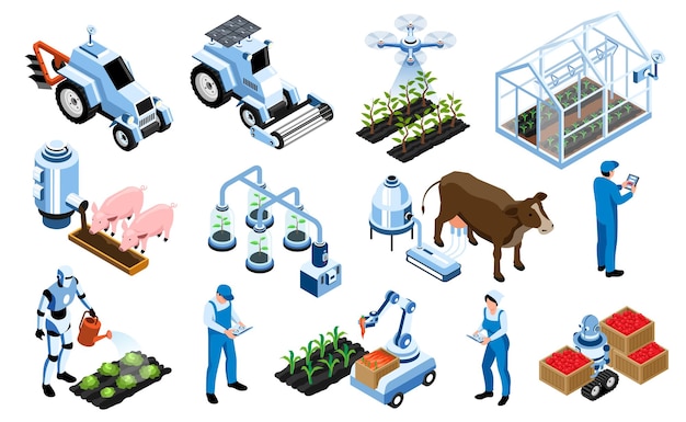 Free Vector isometric smart farm agricultural icon set farm equipment with which you can manage the cultivation of plants take care of animals vector illustration