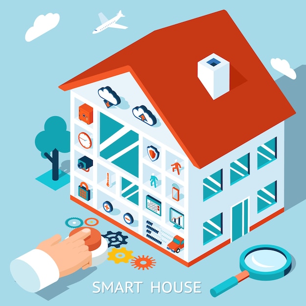 Free Vector isometric smart home concept. house control by pressing button.