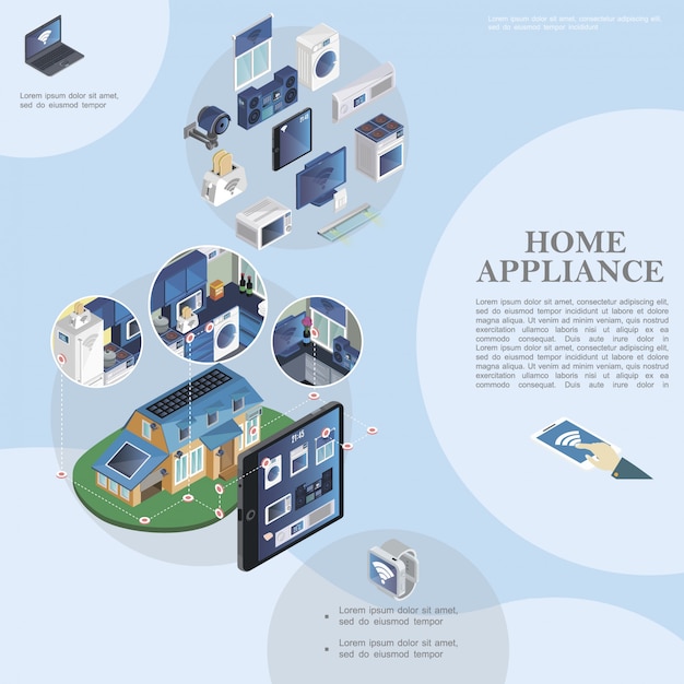 Free Vector isometric smart home template with modern household appliances and devices and remote control of domestic appliances from tablet