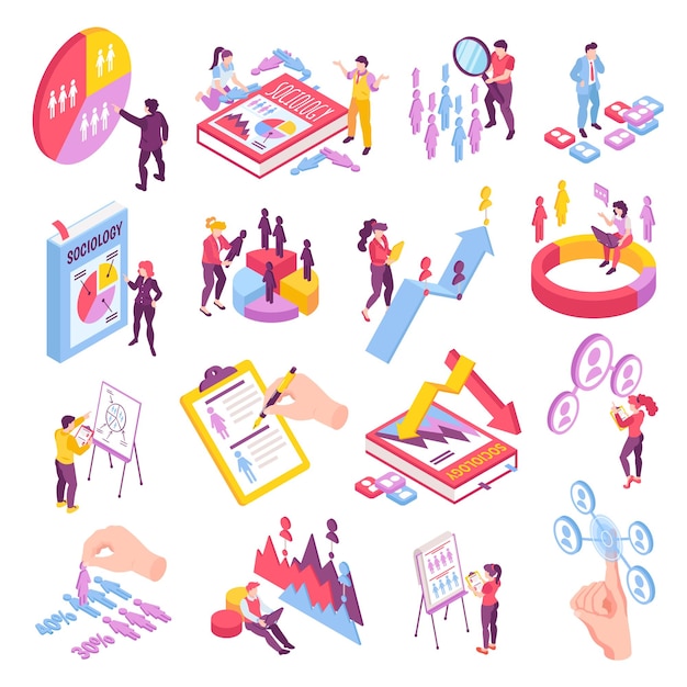 Isometric sociologist set with people answering questionnaires isolated vector illustration