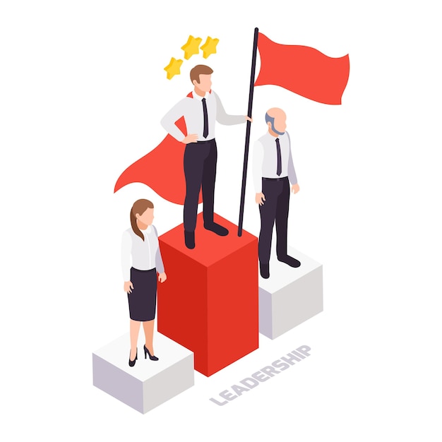 Isometric soft skills leadership concept with three business people standing on podium