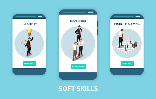 Free Vector isometric soft skills smartphone screen set