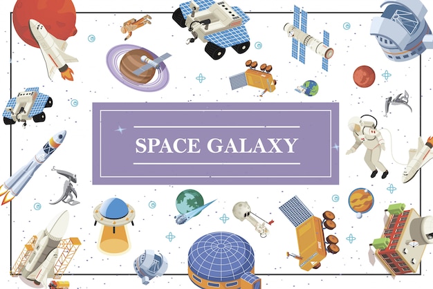 Isometric space elements composition with spaceships shuttles satellites rockets astronauts aliens ufo planets lunar rover cosmic station and base