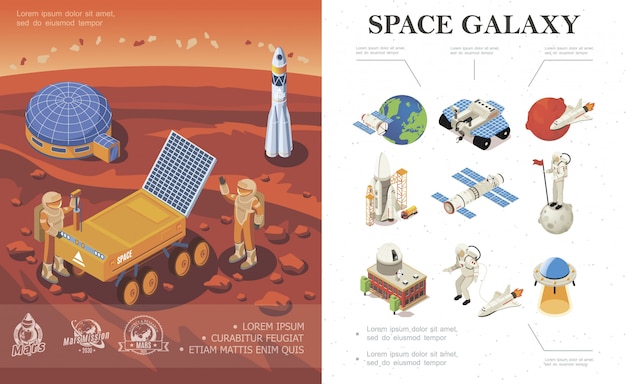 Isometric space research composition with astronaunts rover rocket cosmic base on Mars planet and colorful galaxy icons