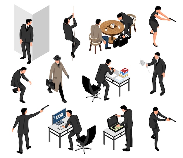 Free Vector isometric spy icons set with secret agents and espionage characters isolated vector illustration