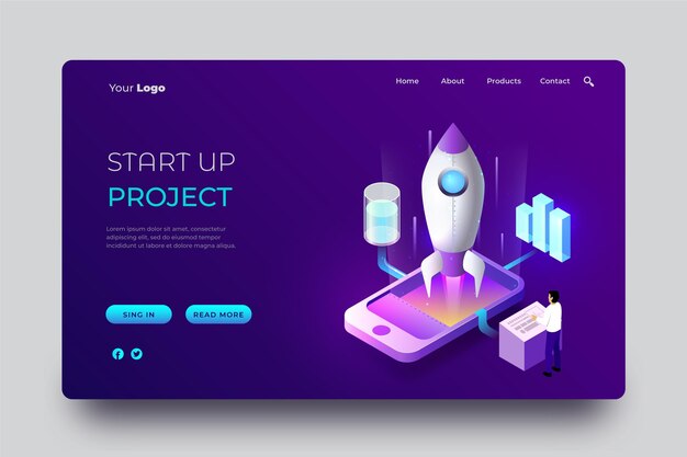 Isometric startup landing page template with rocket