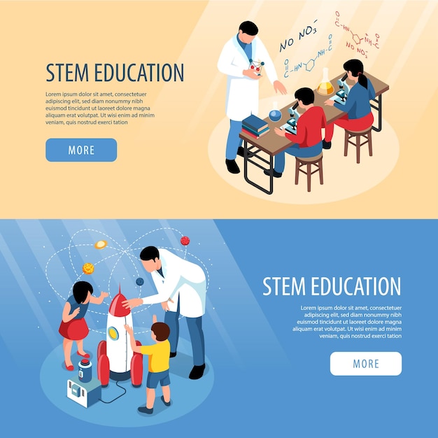 Free Vector isometric stem banners collection with classroom scientific experiments and human characters