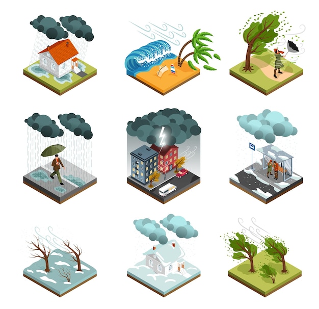 Isometric storm weather icon set nine isolates with different weather manifestations wind rain hurricane vector illustration