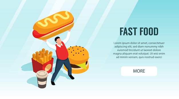 Free Vector isometric street food horizontal banner with button and images of fast food products