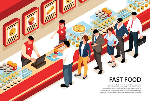 Isometric street food horizontal with human characters standing in queue at fast food cafe counter