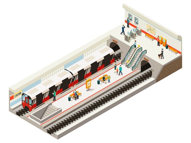 Isometric subway station concept with train ticket gates information board escalator railroad benches passengers on platform isolated