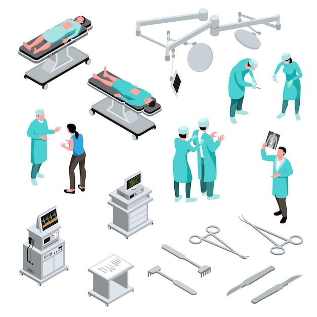 Free Vector isometric surgeon doctor set with isolated human characters of medical specialists icons of operating room equipment vector illustration