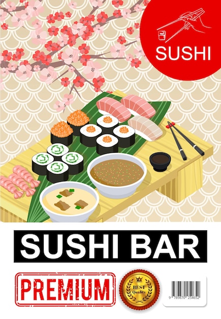 Free Vector isometric sushi bar poster with rolls sashimi bowls of soups soy sauce seaweed chopsticks on table sakura cherry blossom branch