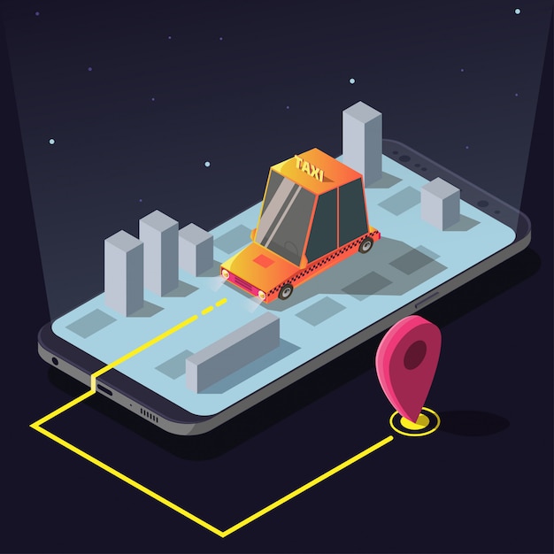 Free vector isometric taxi car order service app, yellow cab