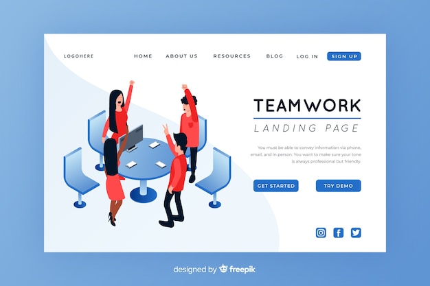 Isometric teamwork landing page template