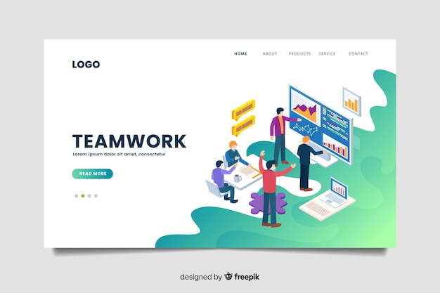 Isometric teamwork landing page template