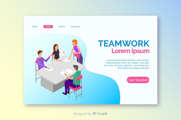 Isometric teamwork landing page template