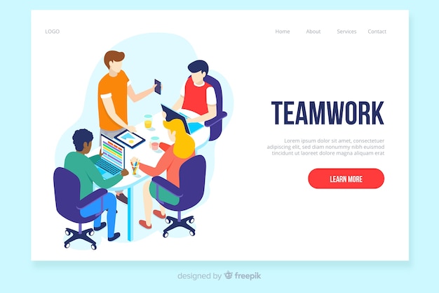 Isometric teamwork landing page template