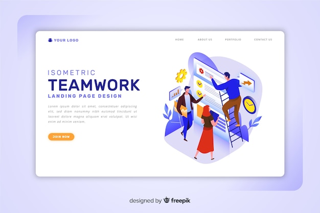 Isometric teamwork landing page template