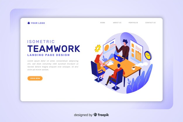 Isometric teamwork landing page template