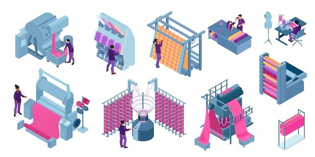 Free Vector isometric textile mill industry icons collection with isolated human characters and weaving machinery on blank background vector illustration