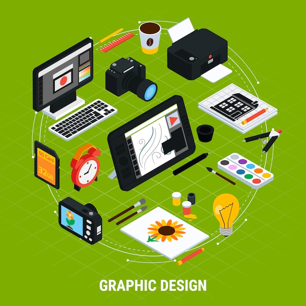 Isometric tools for graphic design with computer tablet paints camera printer 3d vector illustration