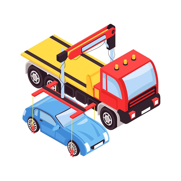 Isometric tow truck car vehicle transportation help road composition with isolated image vector illustration