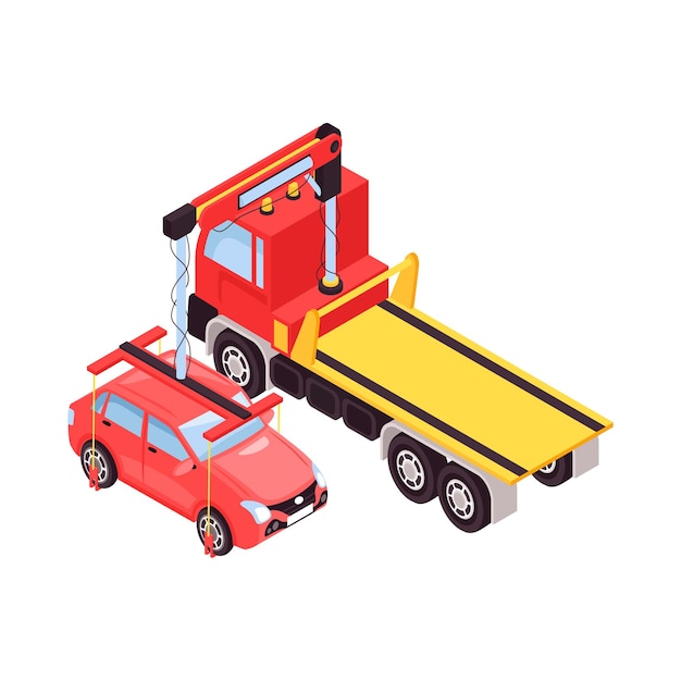 Free Vector isometric tow truck car vehicle transportation help road composition with isolated image vector illustration